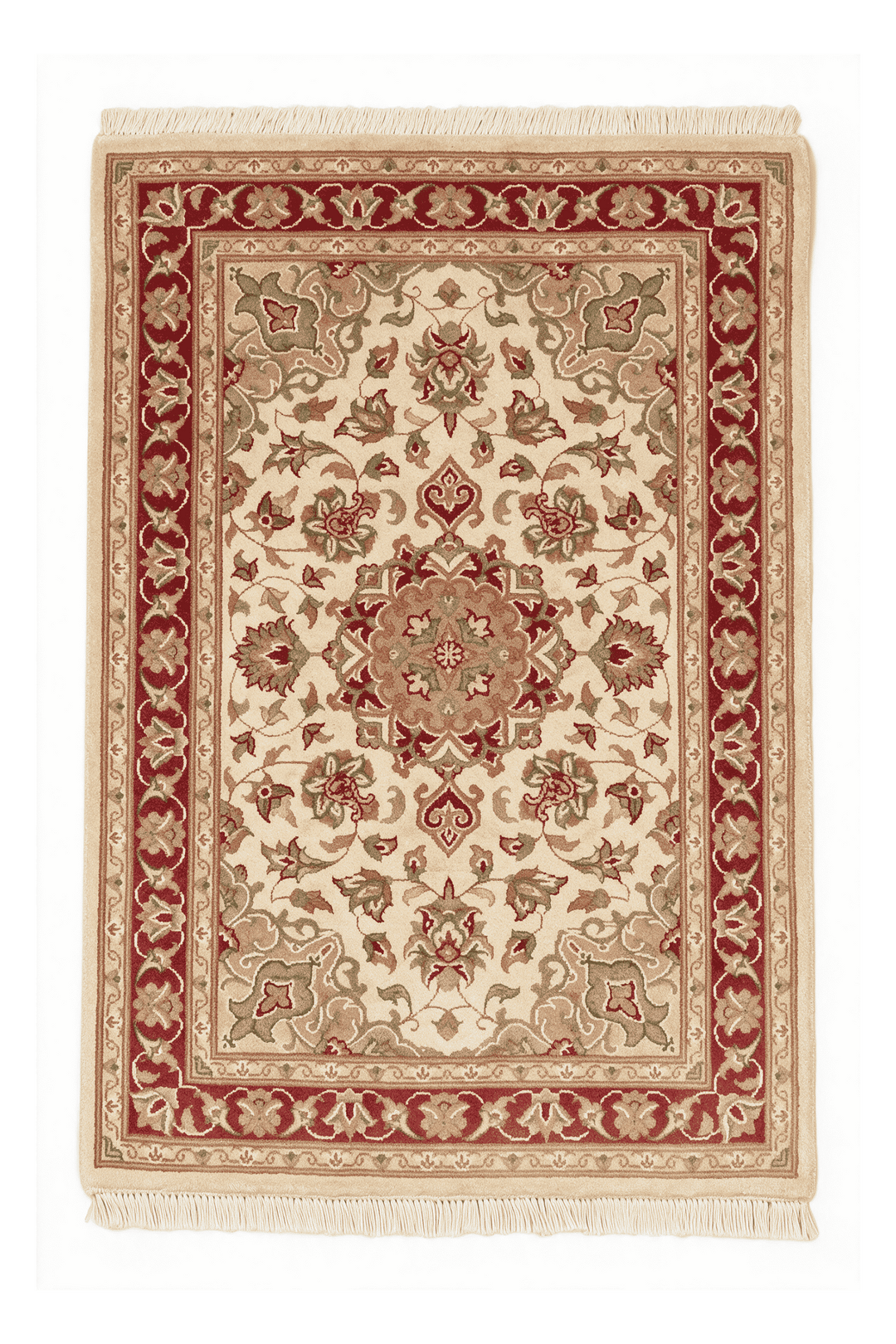 Cream and brick red medallion Tabriz rug in wool and silk, 61×94cm