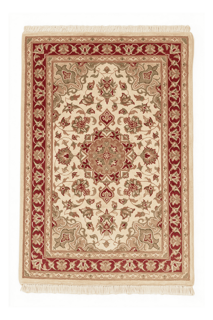 Cream and brick red medallion Tabriz rug in wool and silk, 61×94cm