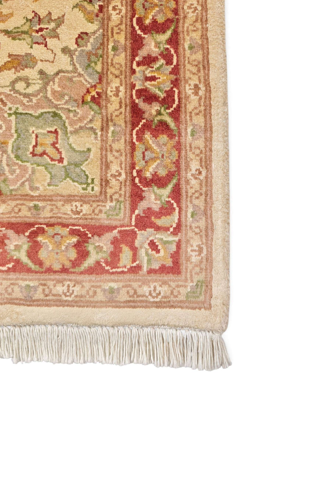 Hand-knotted cream Tabriz rug with silk brick red medallion