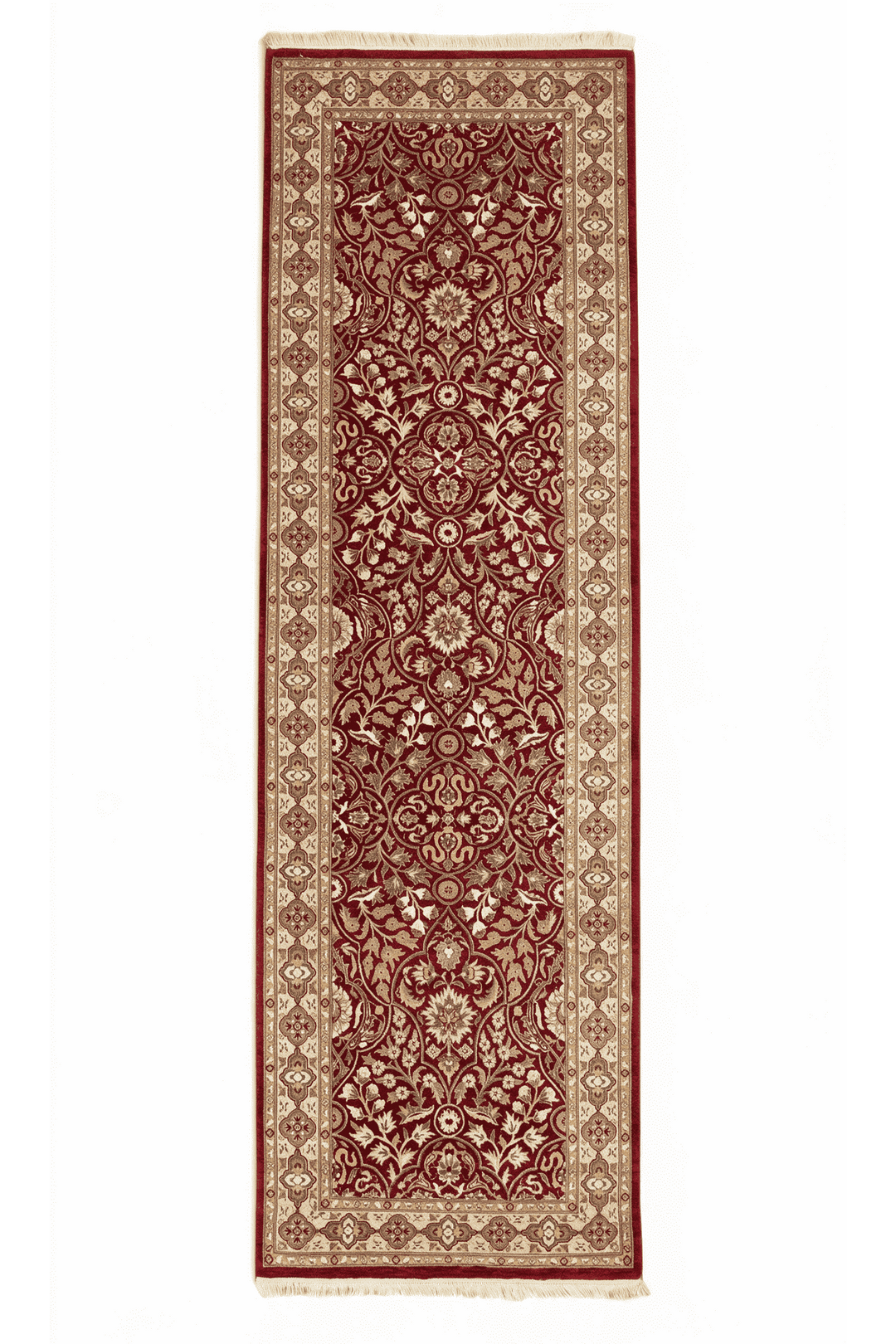 Deep red and cream arabesque lattice runner in wool and silk, 76×239cm