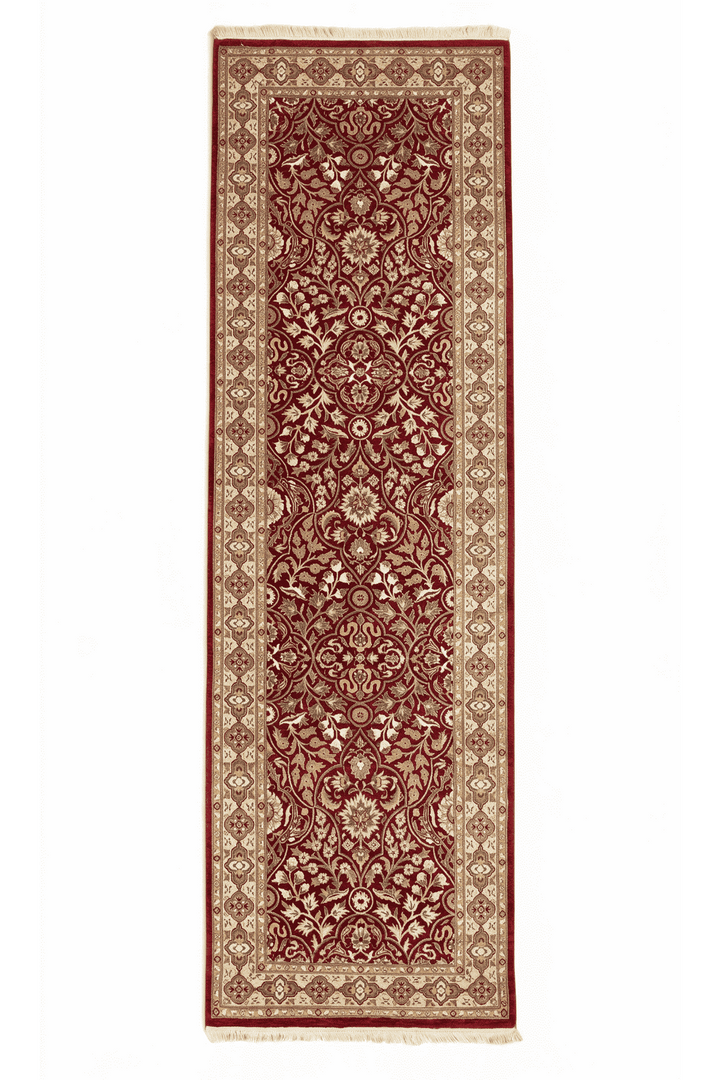 Deep red and cream arabesque lattice runner in wool and silk, 76×239cm