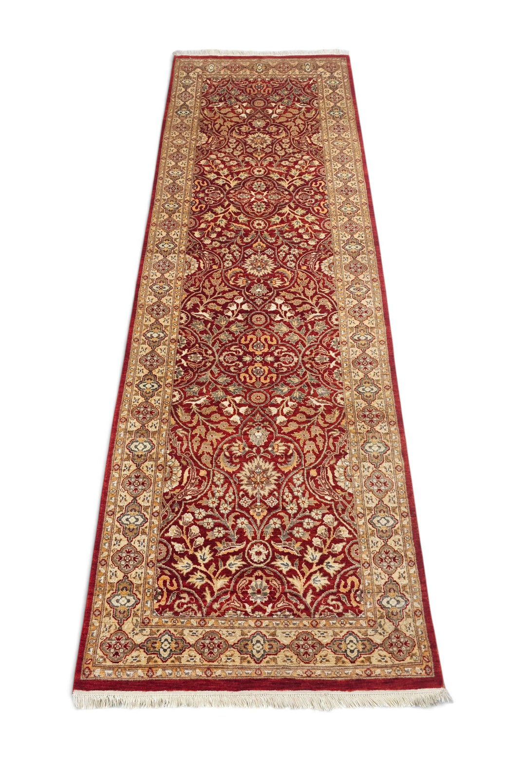 Border detail of deep red arabesque hand-knotted runner