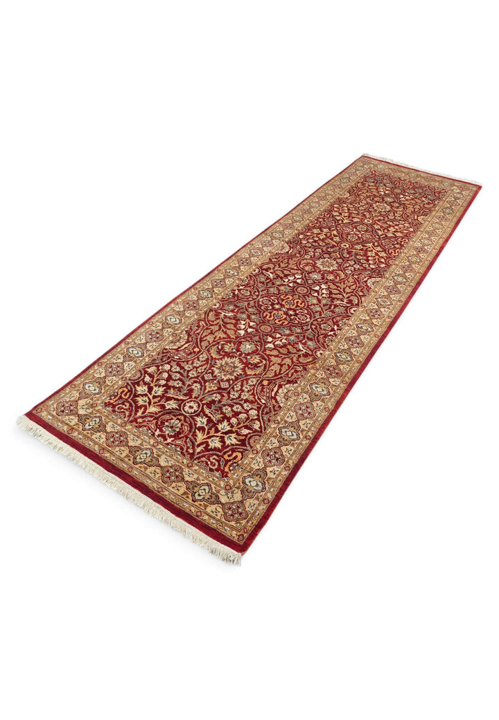 Wool and silk pile of deep red arabesque runner, 76×239cm