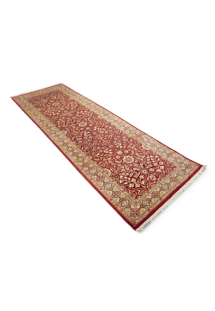 Deep red arabesque runner 76×239cm, Pakistani craftsmanship