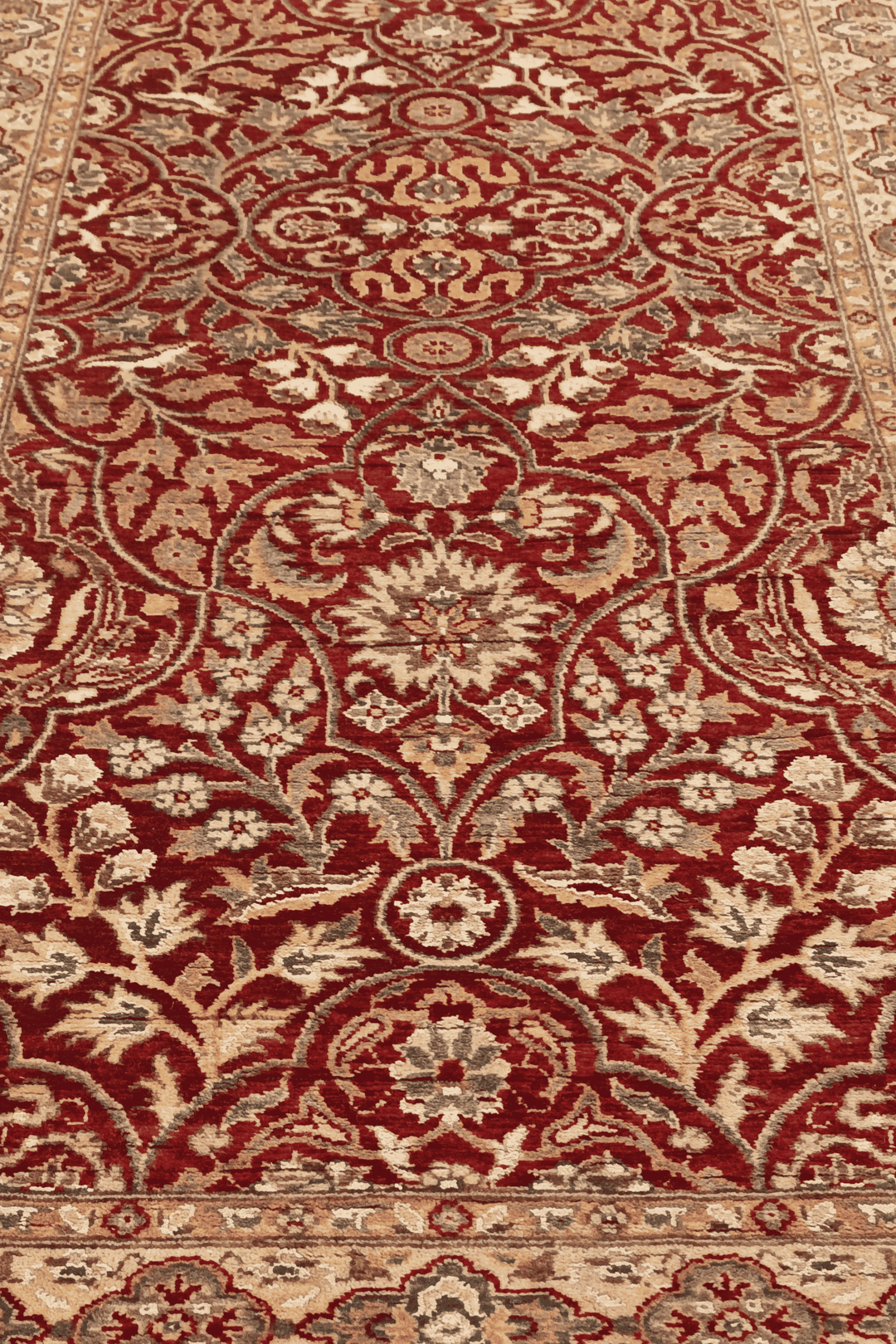 Hand-knotted deep red runner with silk arabesque lattice