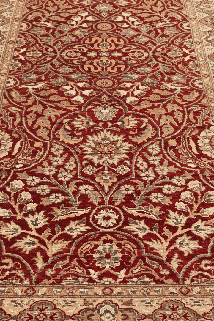 Hand-knotted deep red runner with silk arabesque lattice