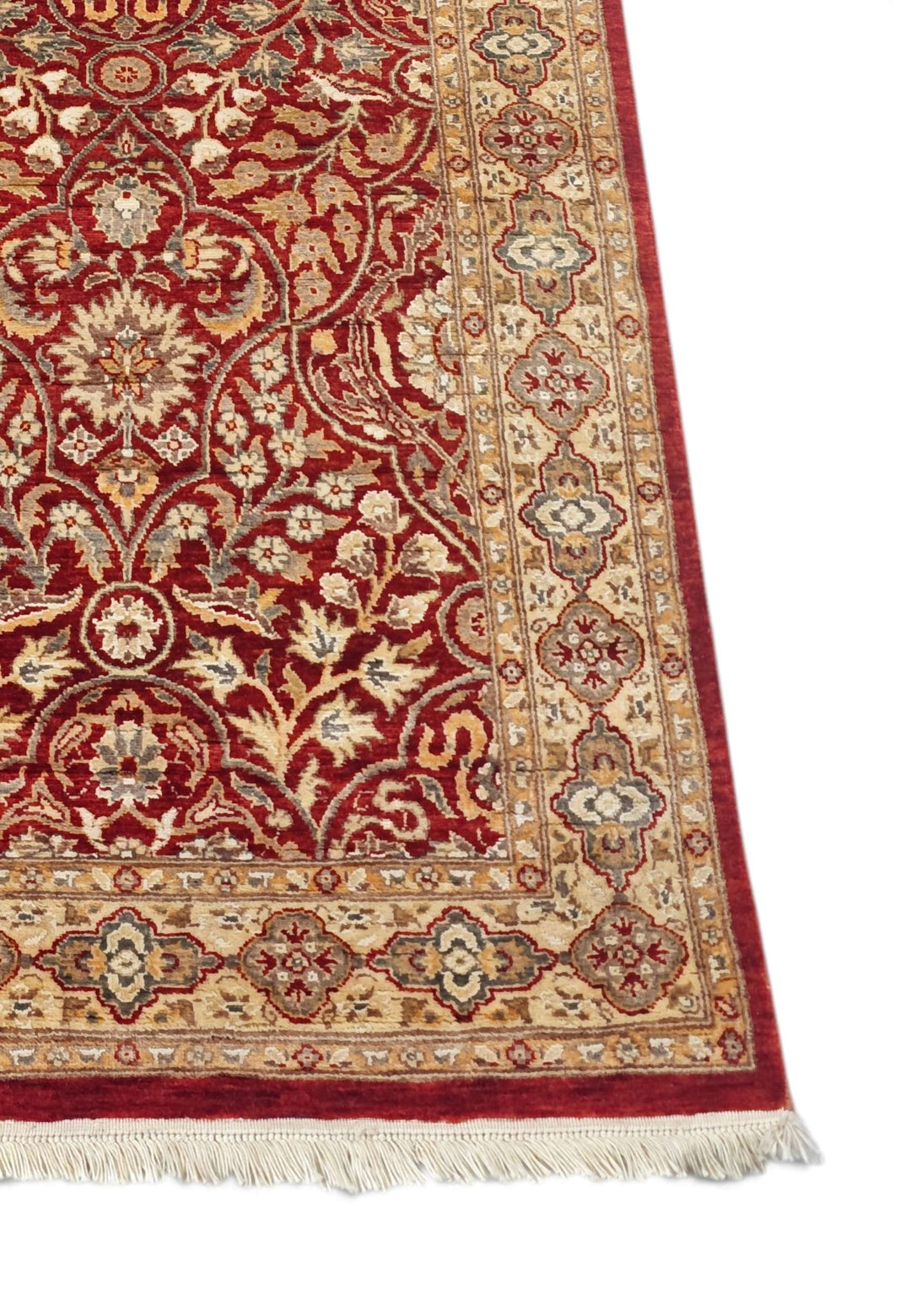 Corner of deep red arabesque hand-knotted runner