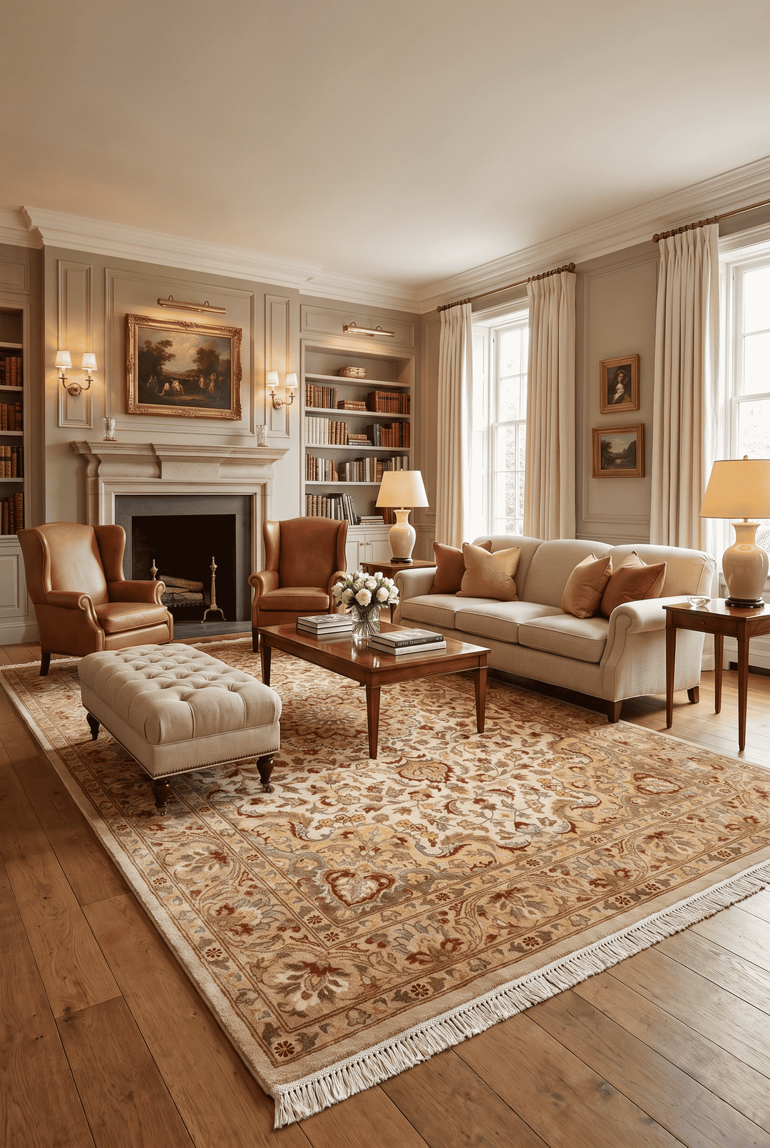 Border detail of ivory silk hand-knotted double-knot rug