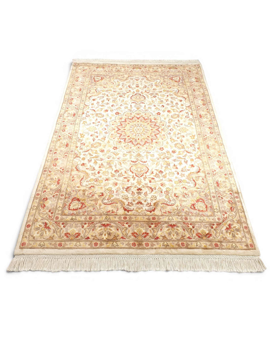 Ivory silk Tabriz rug, Pakistani double-knot weave