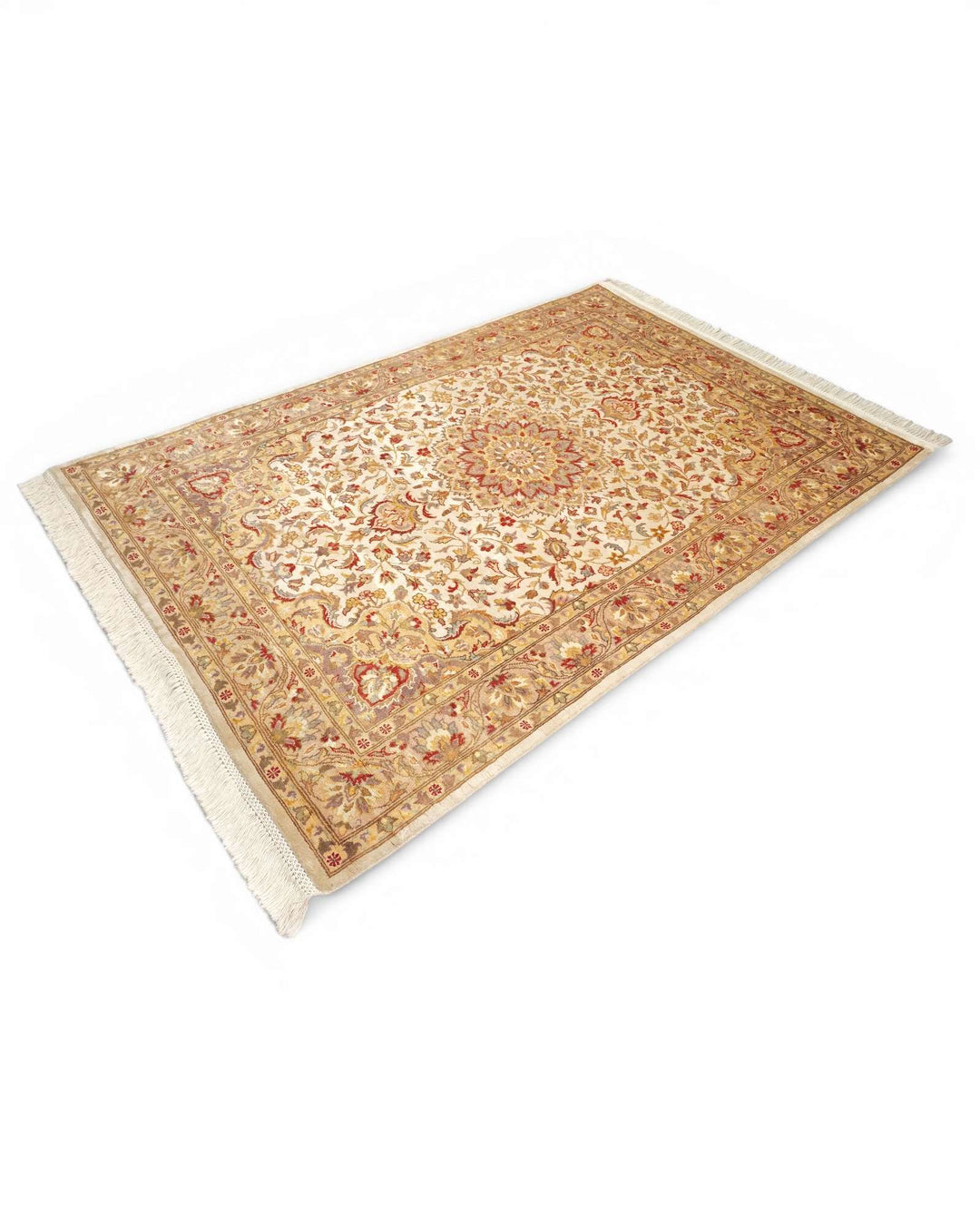 One-of-a-kind ivory medallion pure silk Tabriz rug