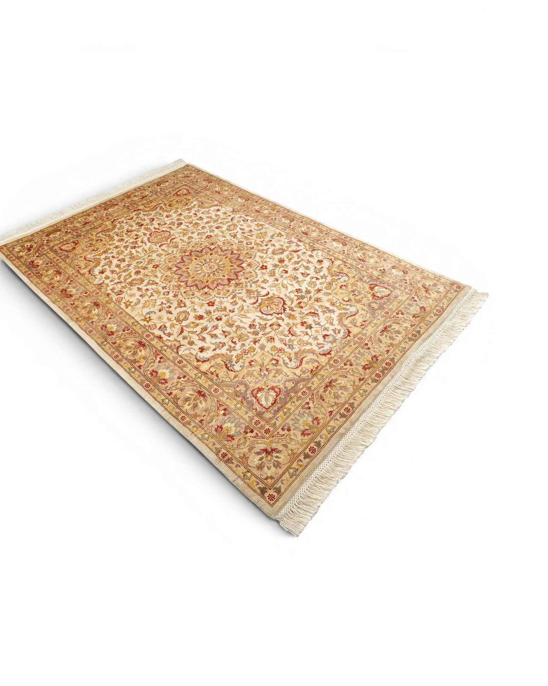 Hand-knotted ivory silk rug with Tabriz medallion