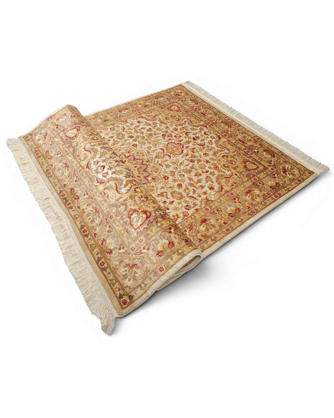 Corner of ivory silk Tabriz Pakistani double-knot rug