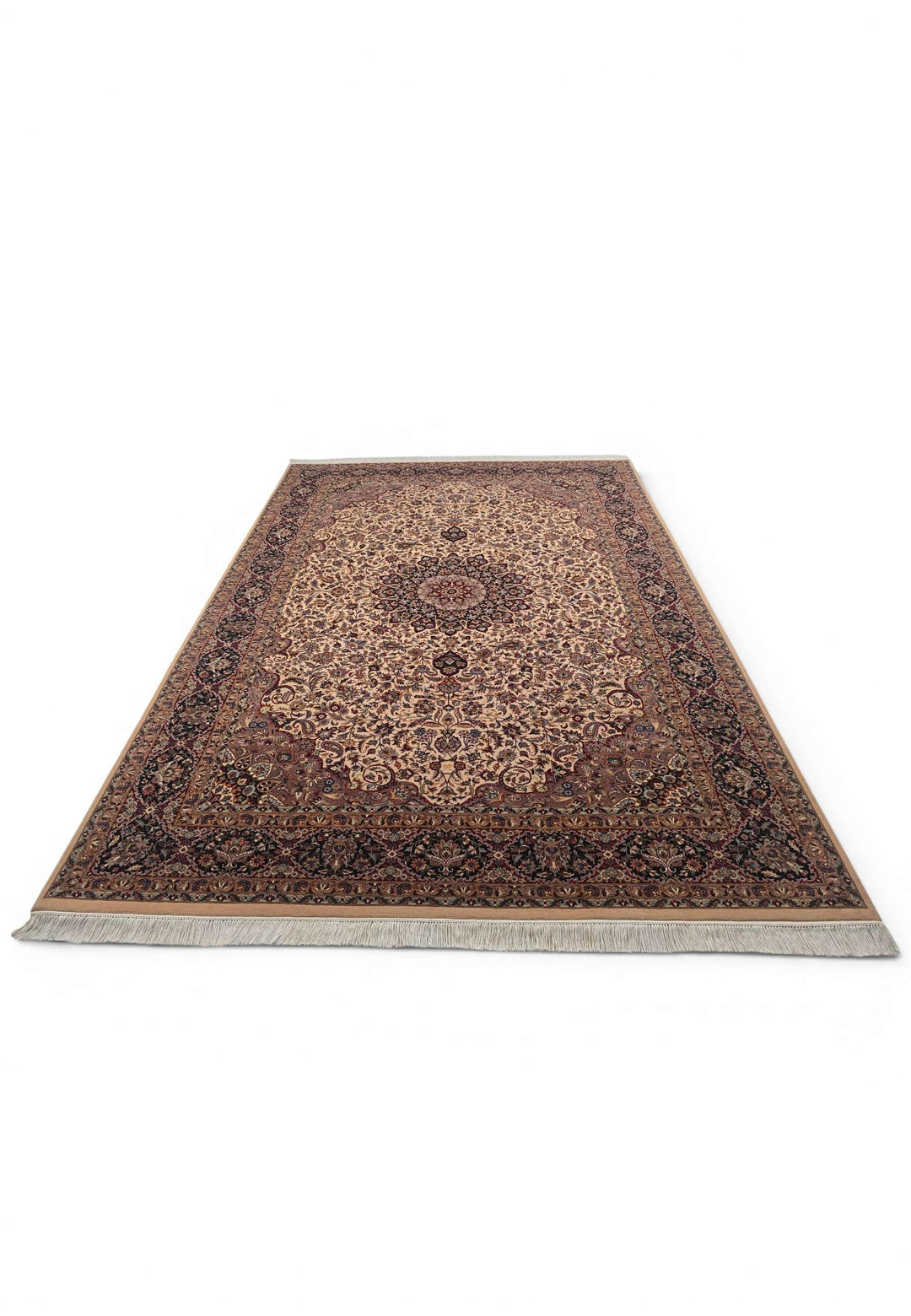 Border detail of ivory navy hand-knotted double-knot rug