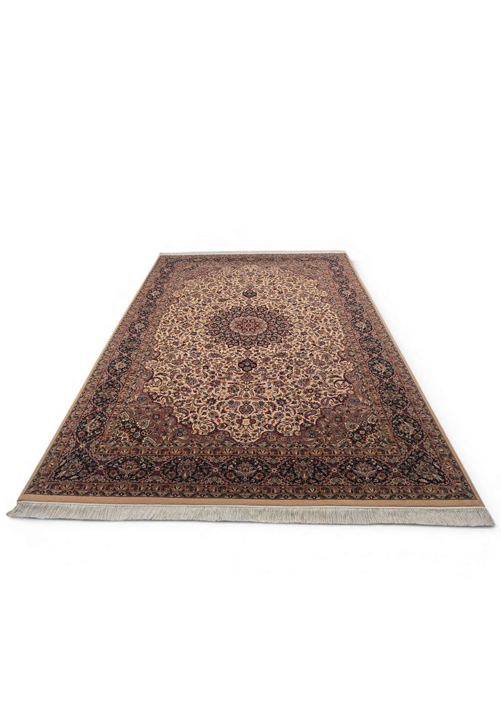 Border detail of ivory navy hand-knotted double-knot rug