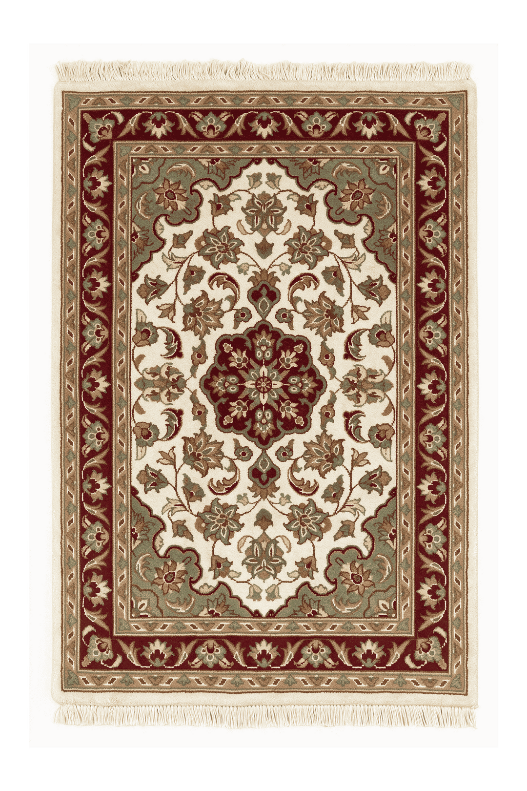 Ivory and deep red medallion Tabriz rug in wool and silk, 60×91cm