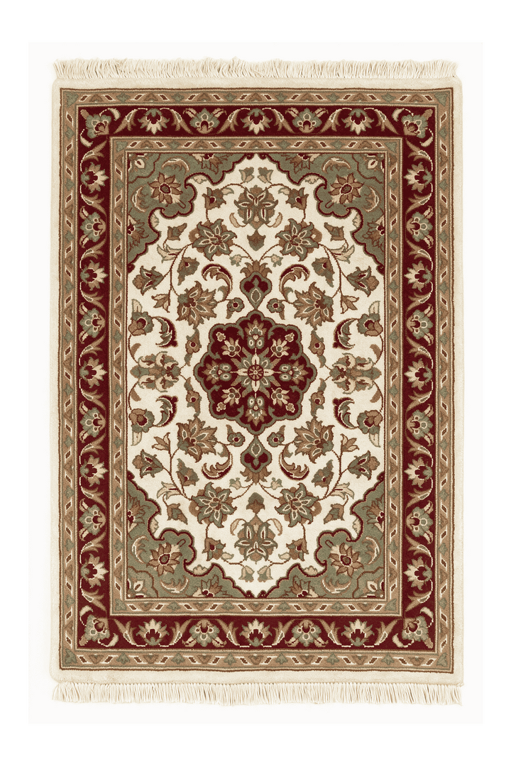Ivory and deep red medallion Tabriz rug in wool and silk, 60×91cm