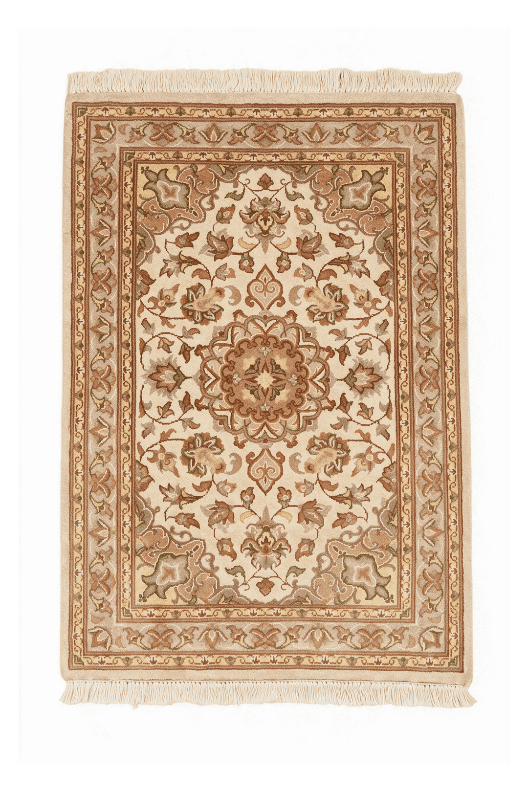 Ivory and coral medallion Tabriz rug in wool and silk, 61×92cm, entrance mat