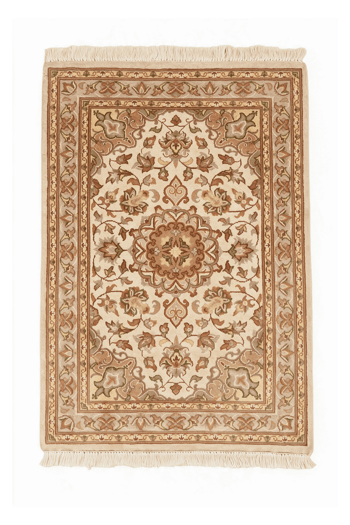 Ivory and coral medallion Tabriz rug in wool and silk, 61×92cm, entrance mat