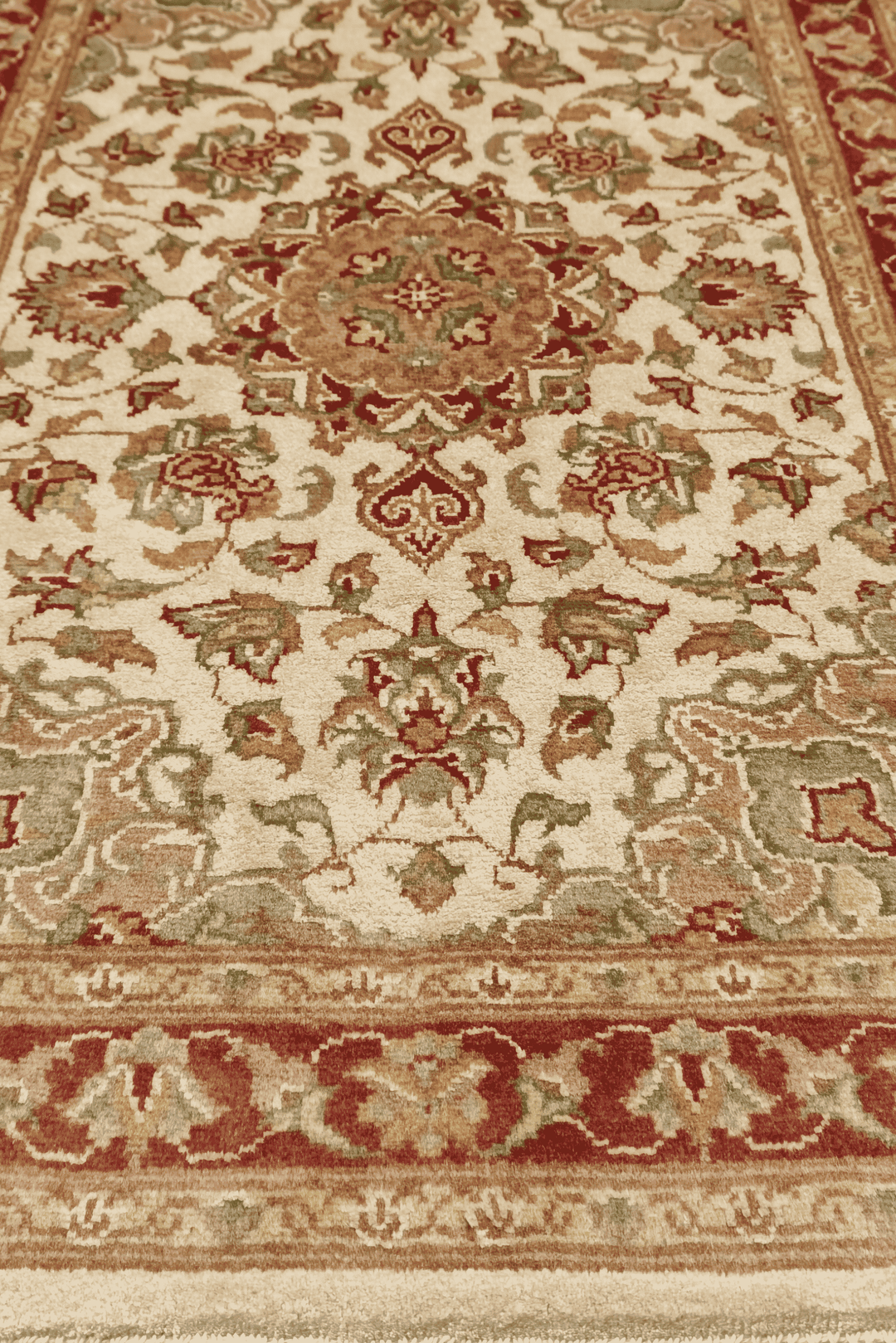 One-of-a-kind ivory and deep red Tabriz cloud band rug