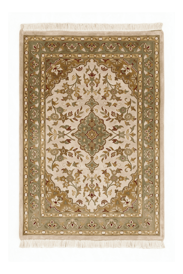 Blush and ochre medallion Tabriz rug in wool and silk, 62×94cm, entrance mat