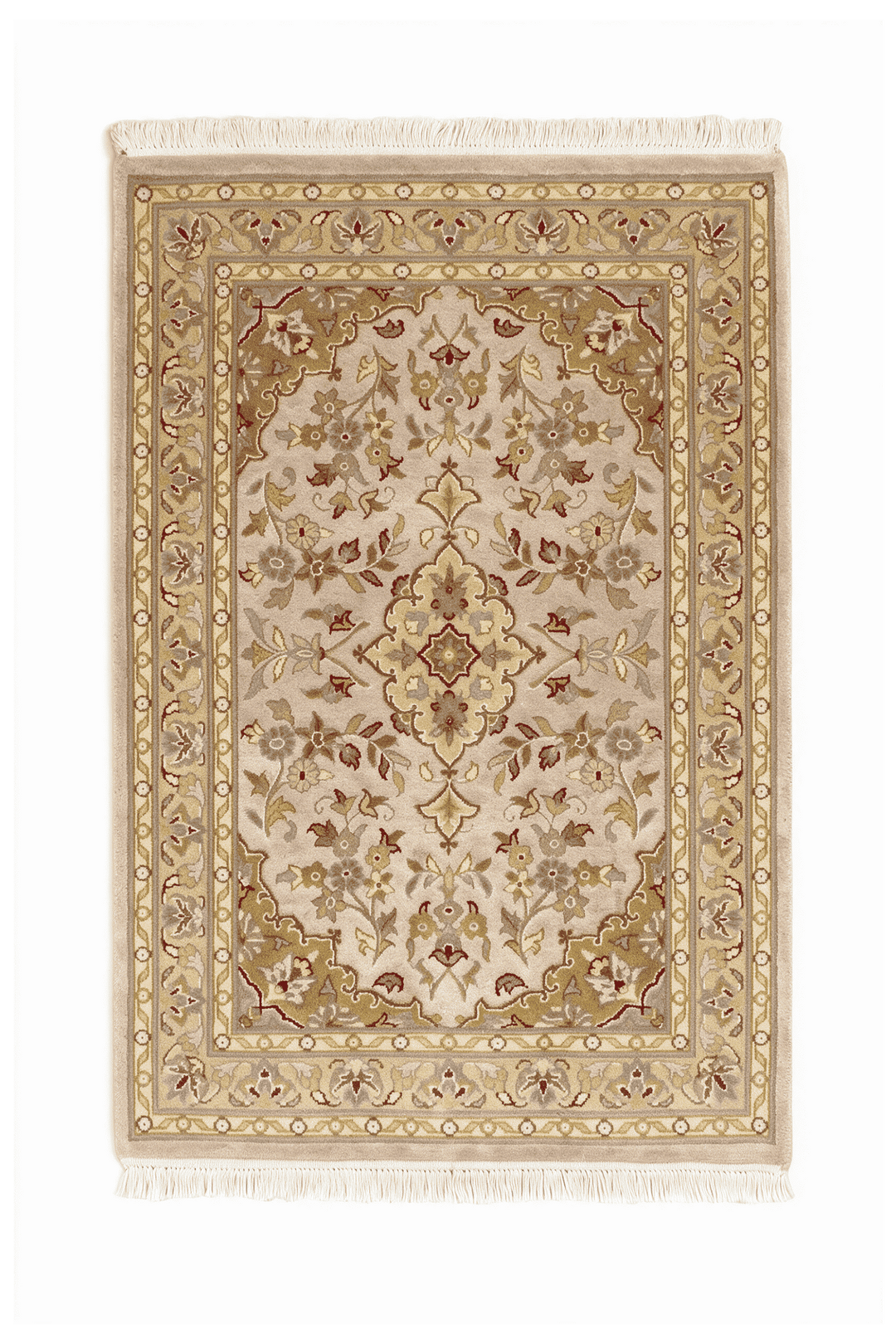 Blush and olive gold medallion Tabriz rug in wool and silk, 63×92cm