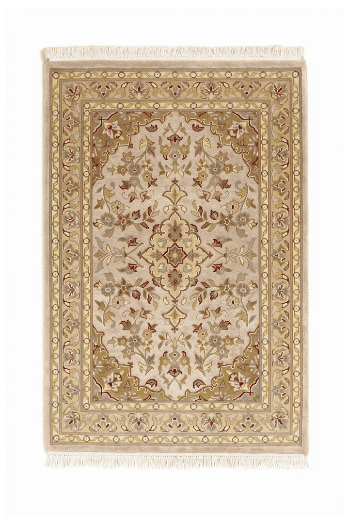Blush and olive gold medallion Tabriz rug in wool and silk, 63×92cm