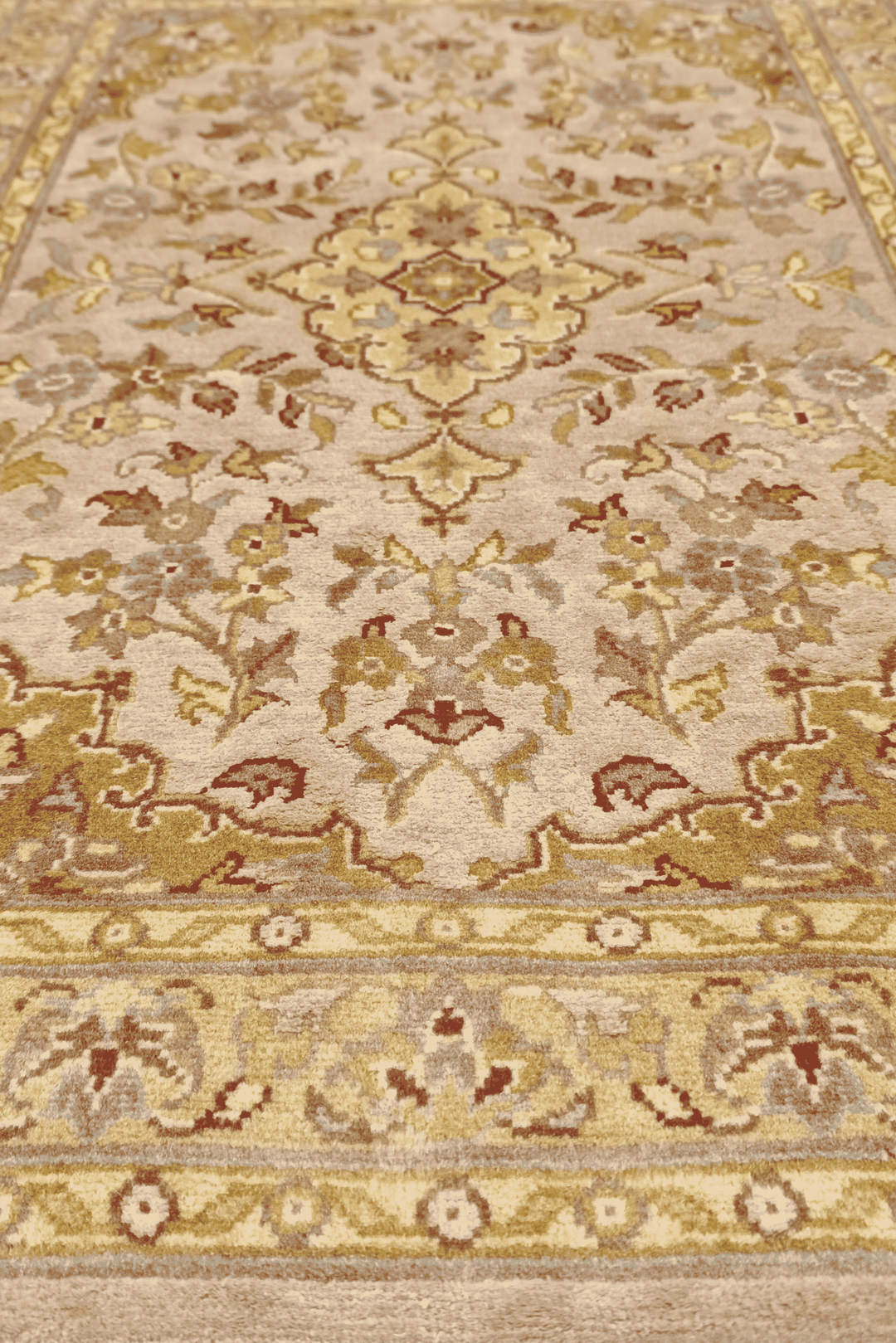 One-of-a-kind blush and olive gold Tabriz design entrance mat