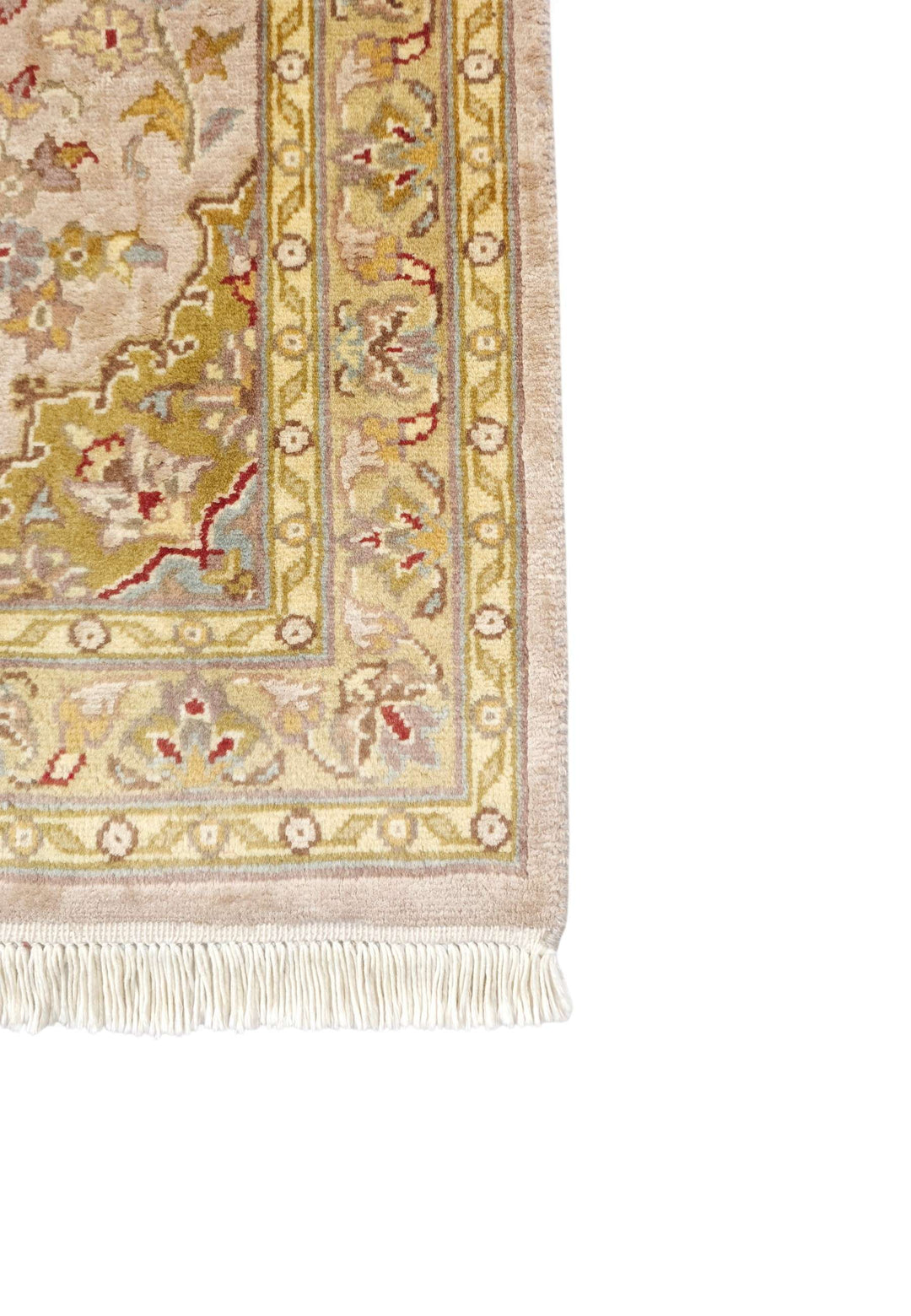 Hand-knotted blush Tabriz rug with silk olive gold medallion