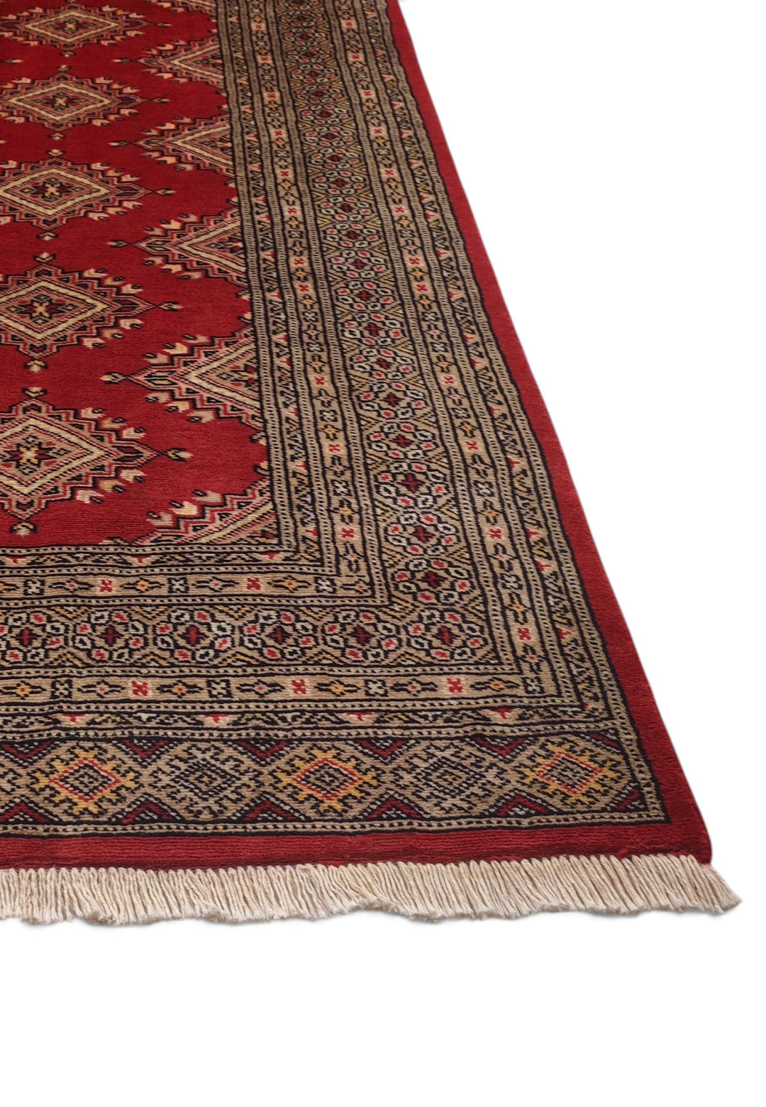 Hand-knotted brick red Jaldar rug with camel star güls