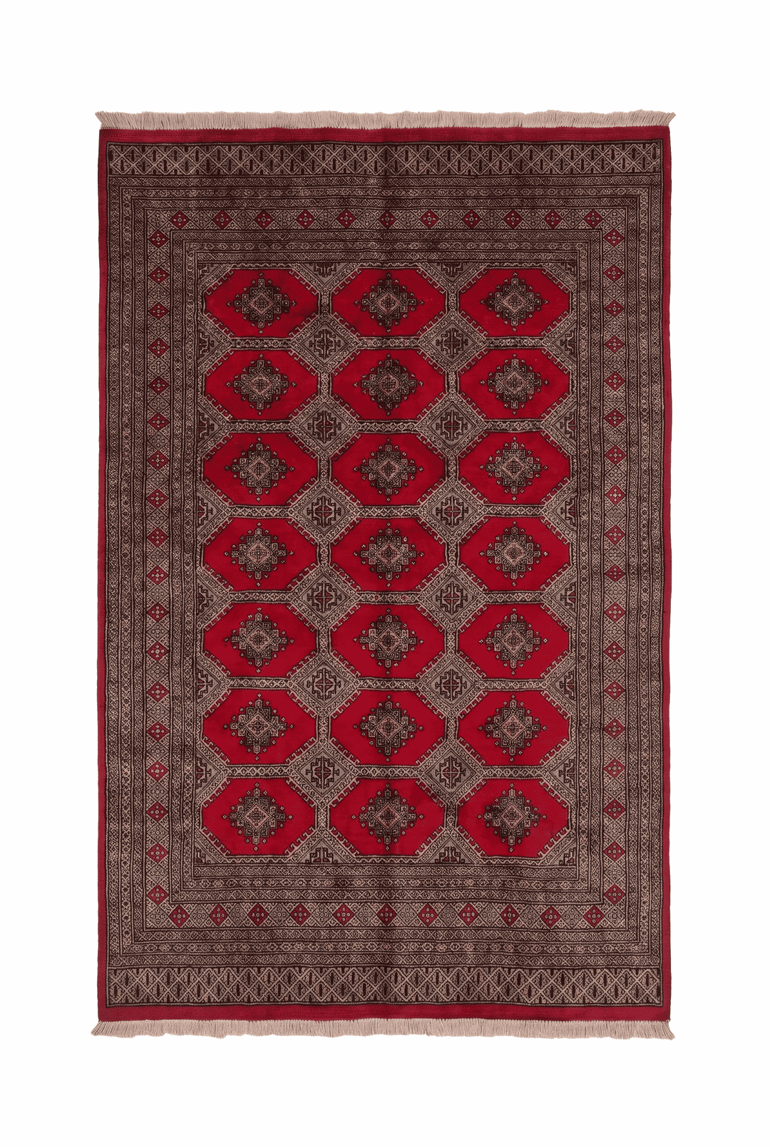 Bright red and sand Jaldar lattice gül rug, 156×243cm, about 2 tatami