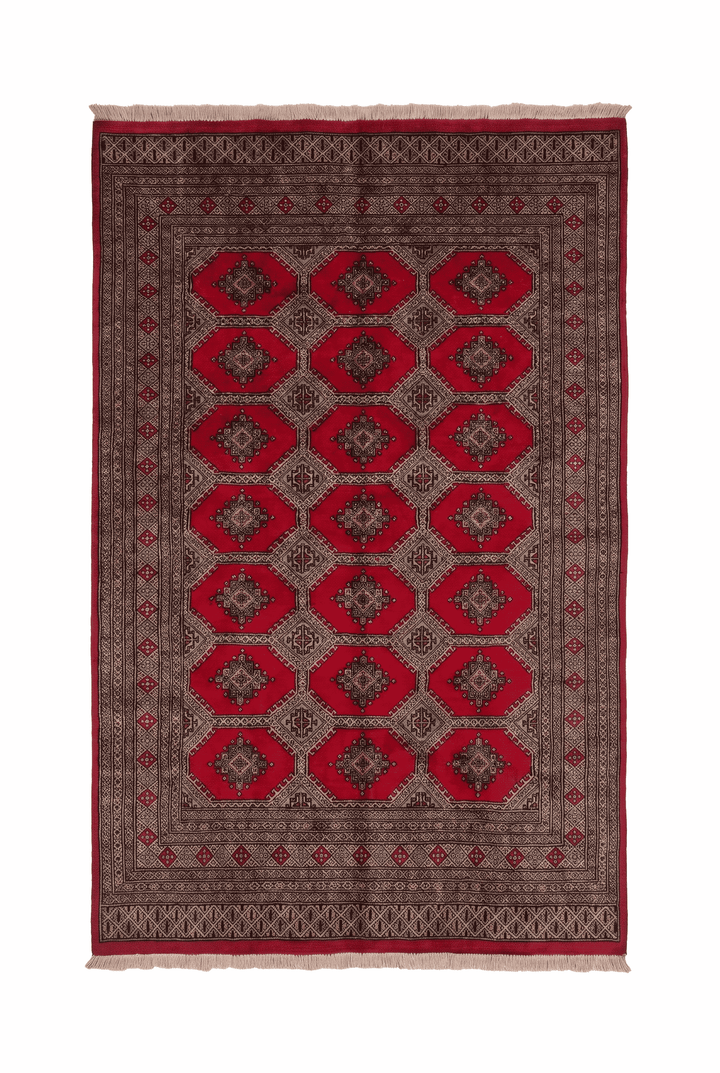 Bright red and sand Jaldar lattice gül rug, 156×243cm, about 2 tatami