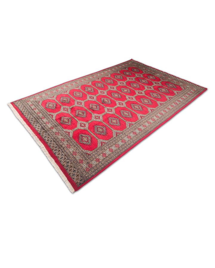 Hand-knotted wool pile of bright red Jaldar rug, 156×243cm