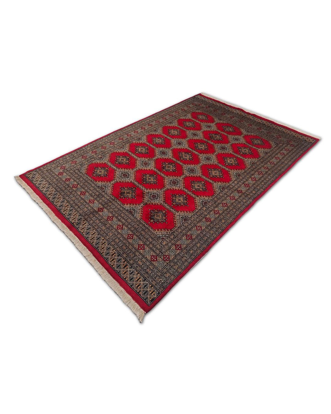 One-of-a-kind bright red and sand Pakistani Jaldar rug