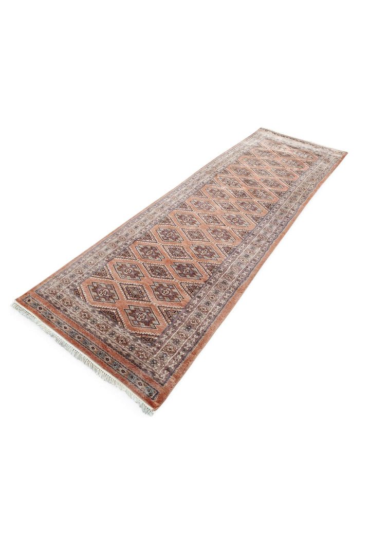 Hand-knotted wool pile of salmon Jaldar runner, 77×242cm