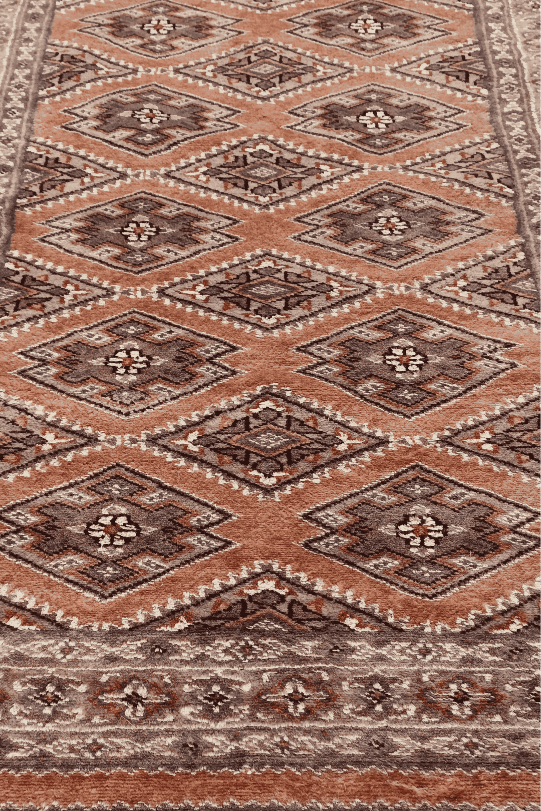 Hand-knotted salmon Jaldar runner with alternating lattice