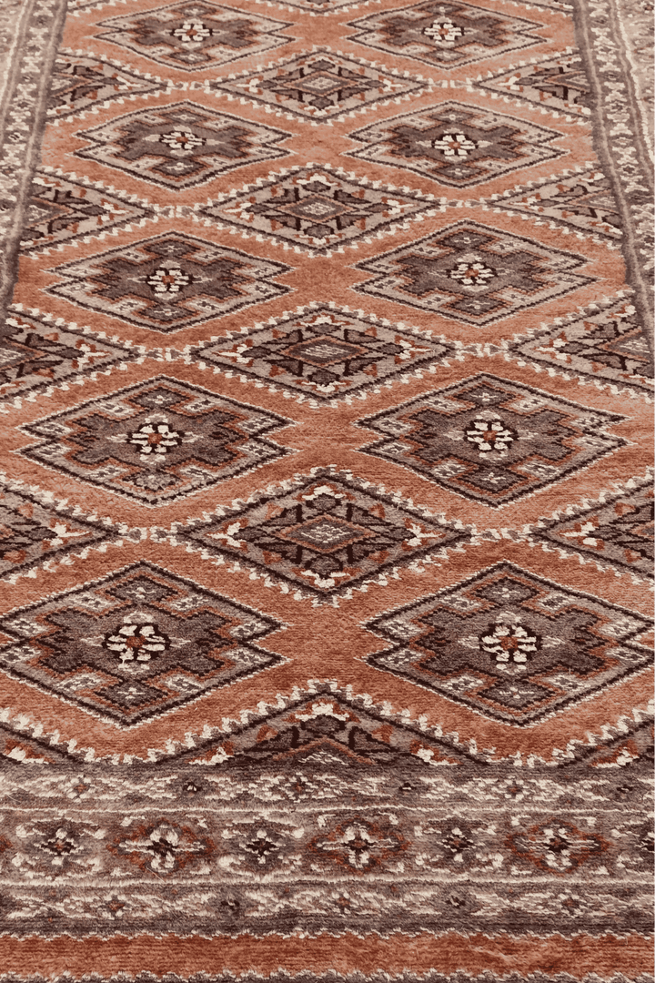 Hand-knotted salmon Jaldar runner with alternating lattice