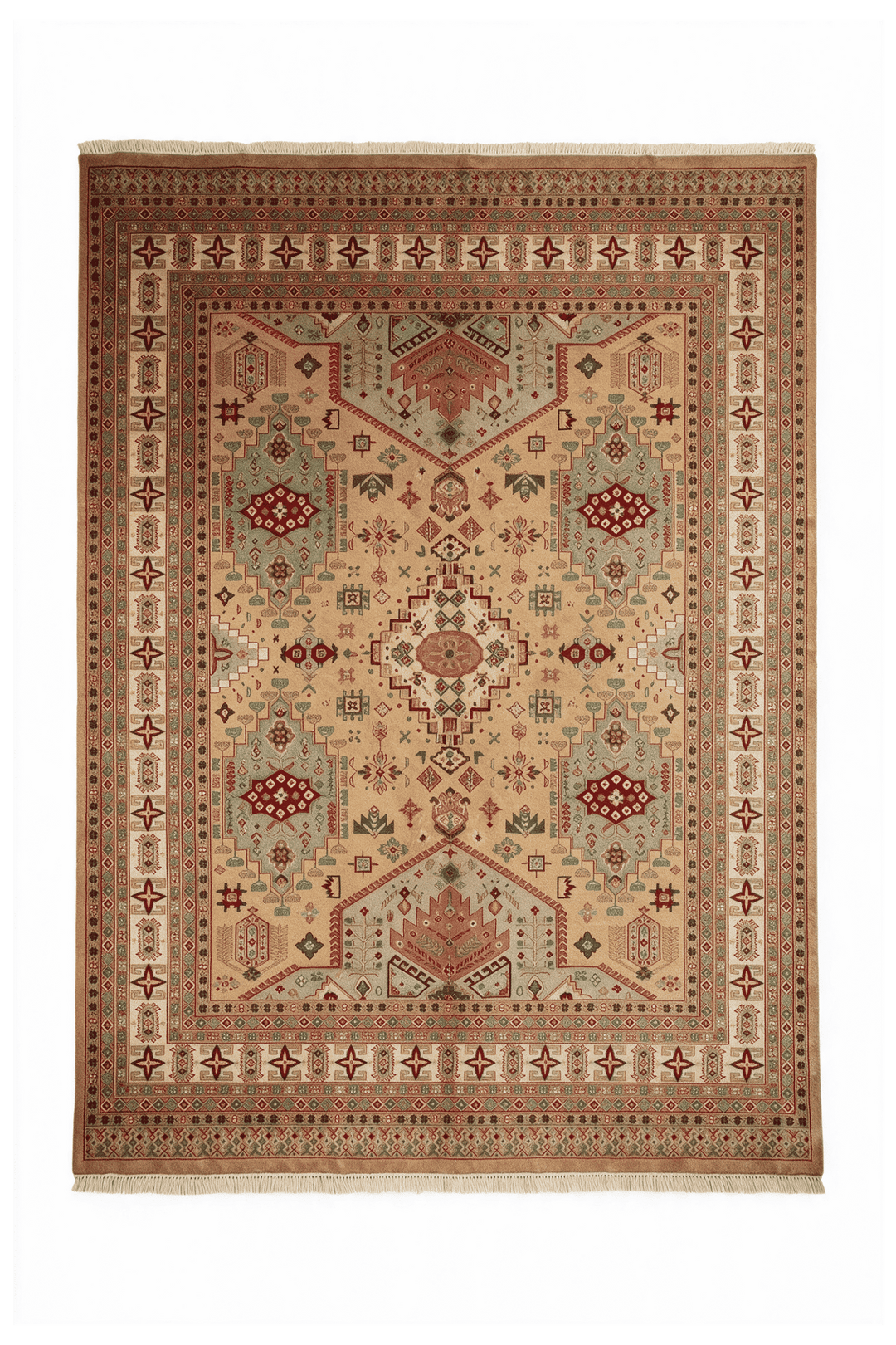 Camel and coral Caucasian medallion rug, 201×251cm, about 3 tatami