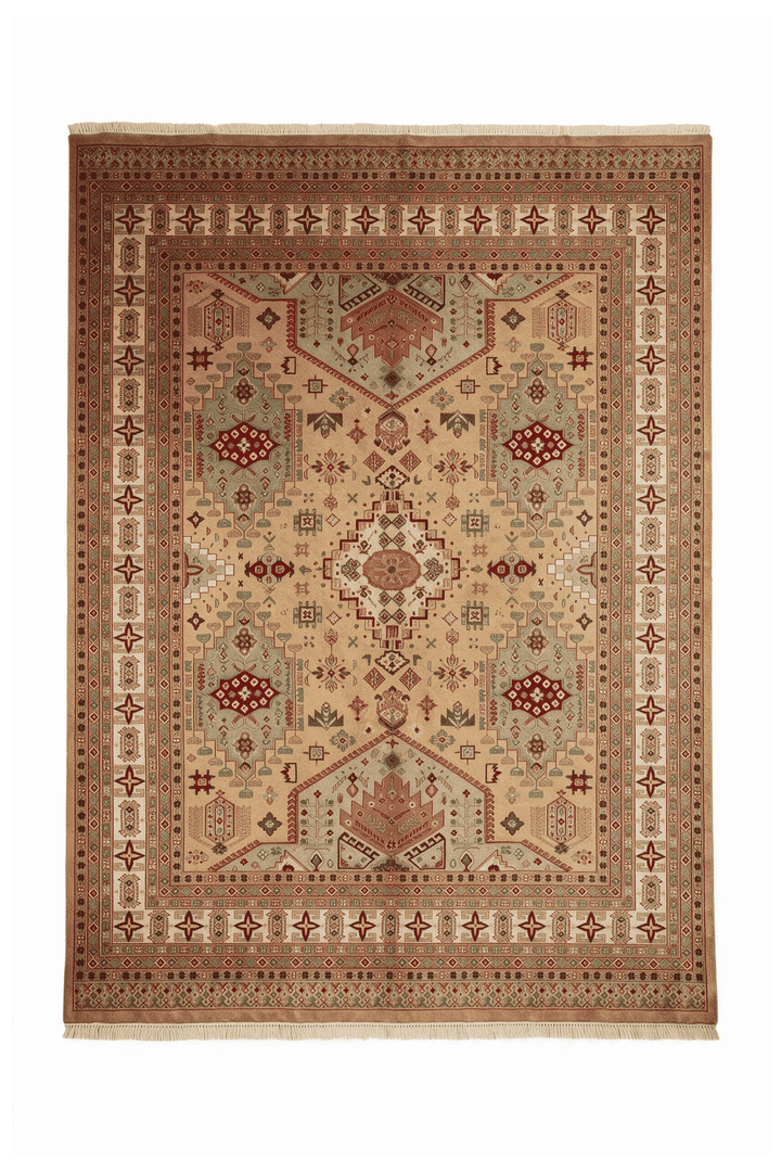 Camel and coral Caucasian medallion rug, 201×251cm, about 3 tatami