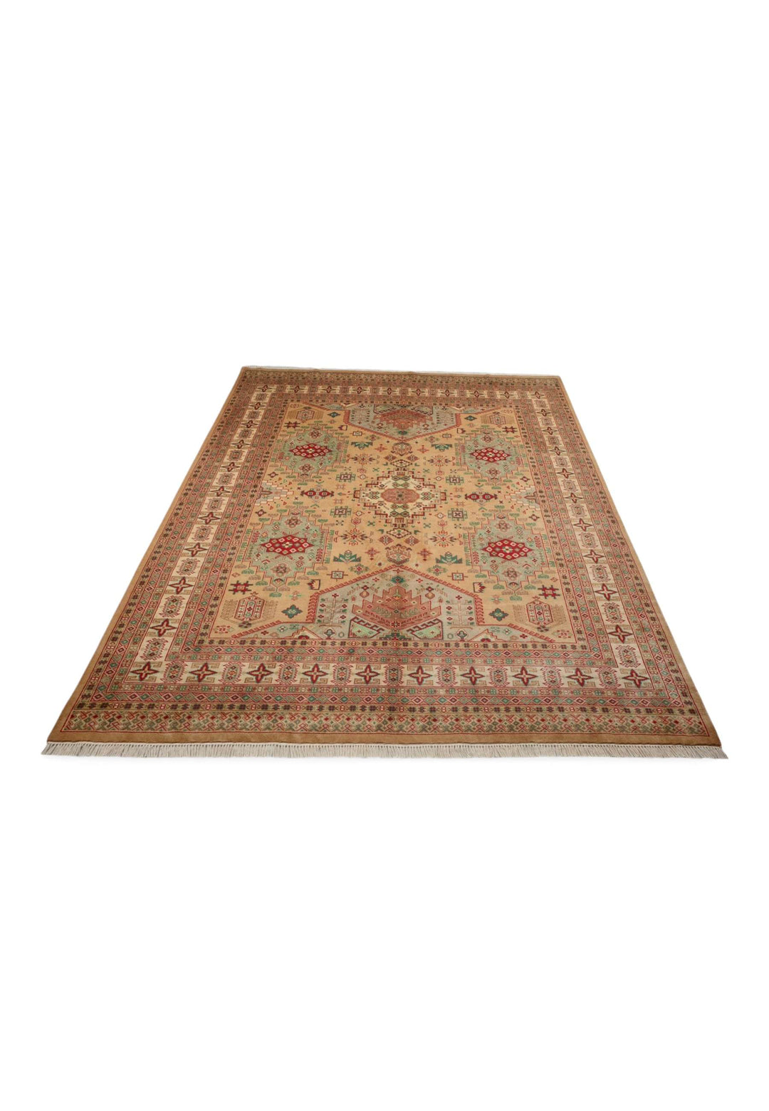 Border detail of camel coral hand-knotted Pakistani rug