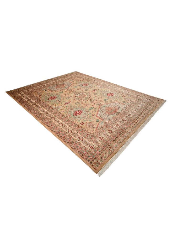 Camel and coral Caucasian rug for a living room, 3 tatami