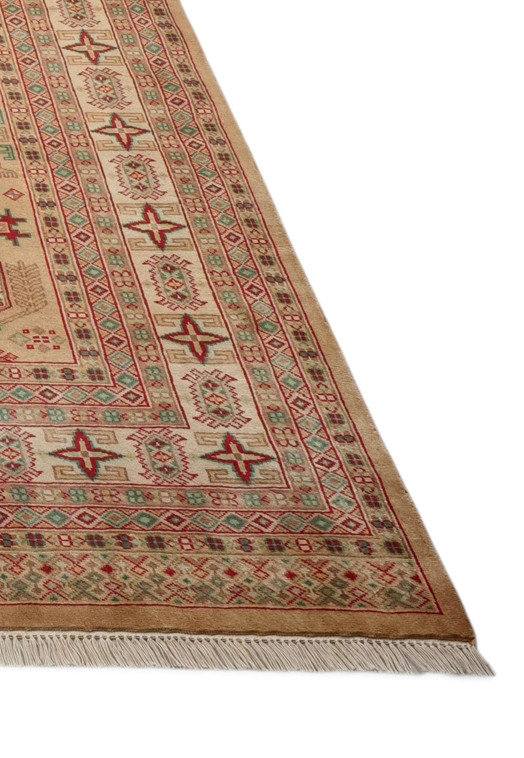 Hand-knotted camel rug with coral Caucasian medallion