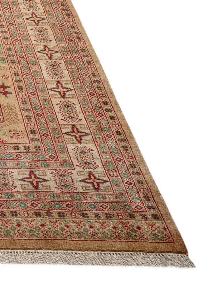 Hand-knotted camel rug with coral Caucasian medallion