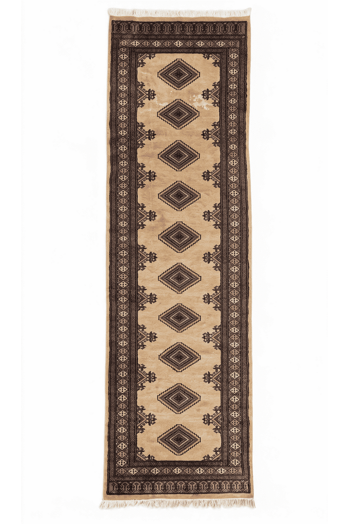 Camel and dusty rose Jaldar diamond medallion runner, 76×217cm
