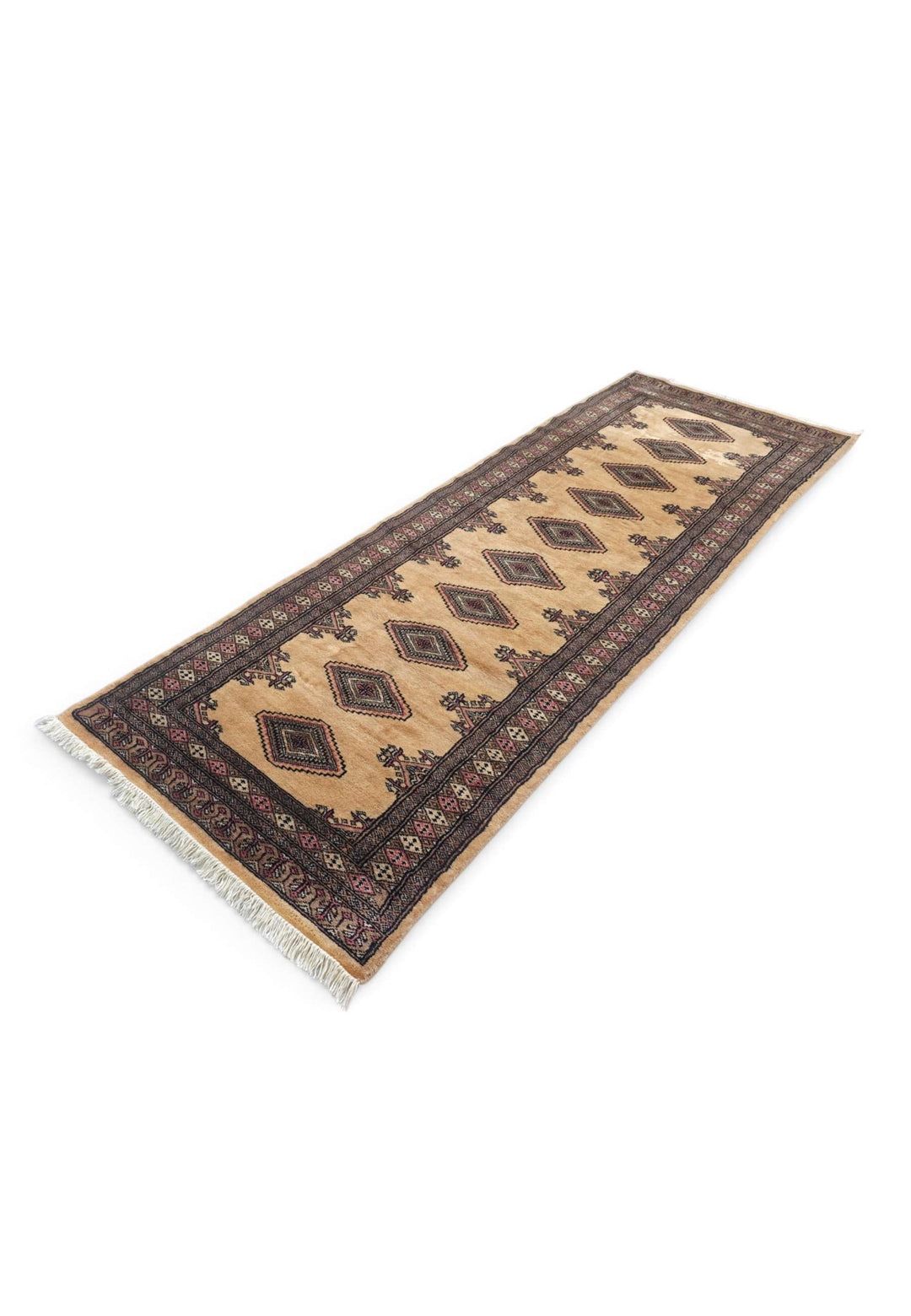 Hand-knotted wool pile of camel Jaldar runner, 76×217cm