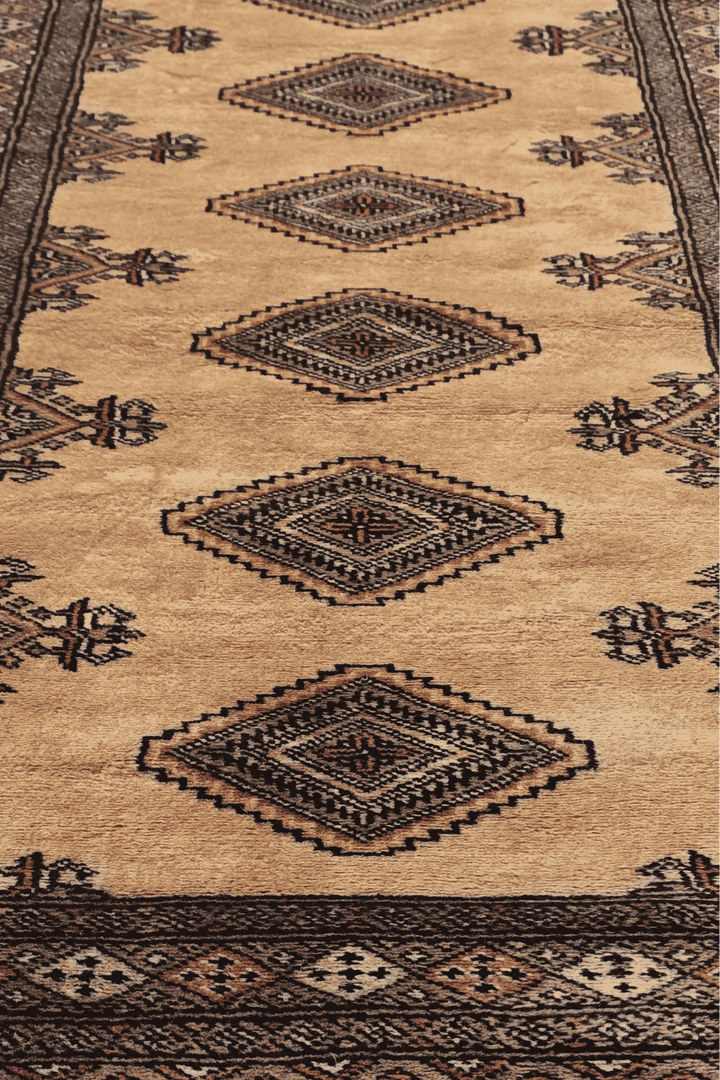 Hand-knotted camel Jaldar runner with dusty rose medallions