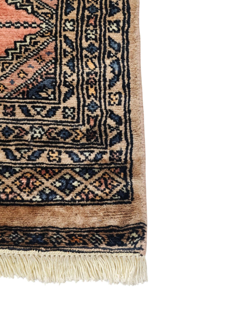 Hand-knotted camel rug with salmon saf prayer niches