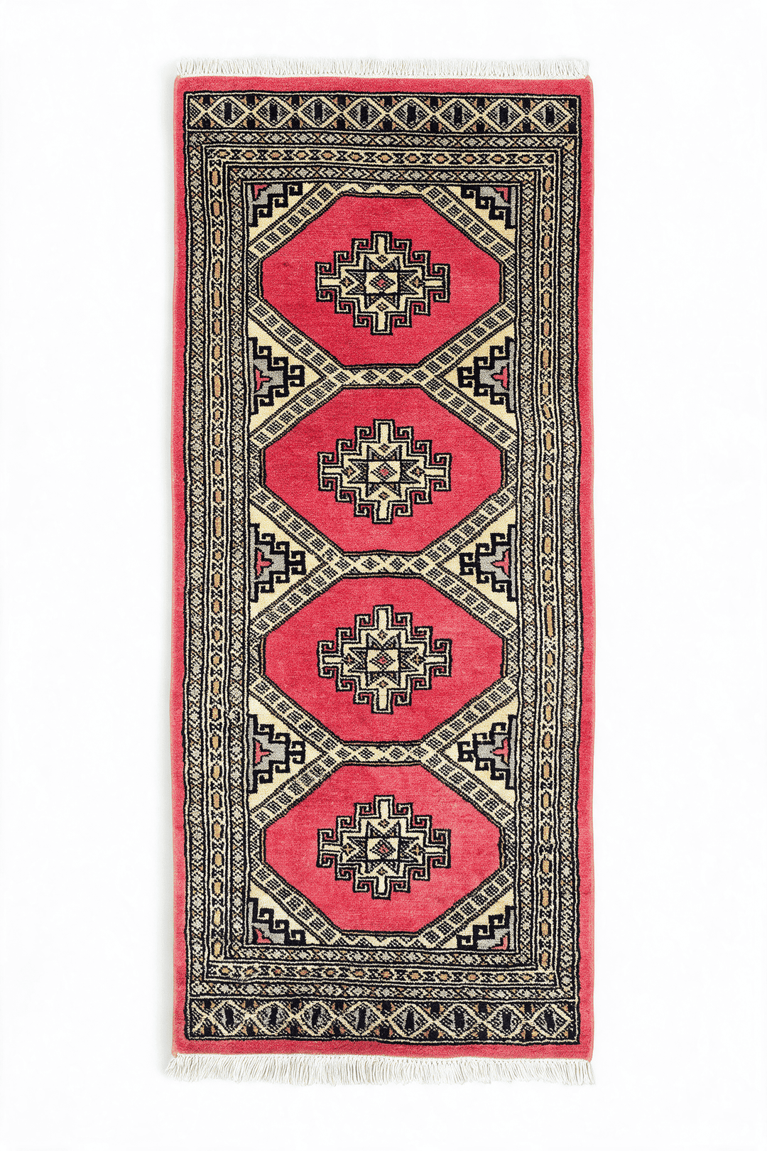 Coral and ivory diamond gül Jaldar rug, 62×126cm, entrance mat size
