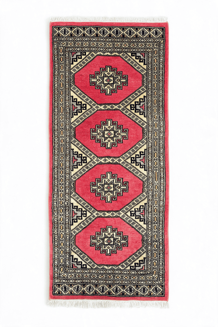 Coral and ivory diamond gül Jaldar rug, 62×126cm, entrance mat size