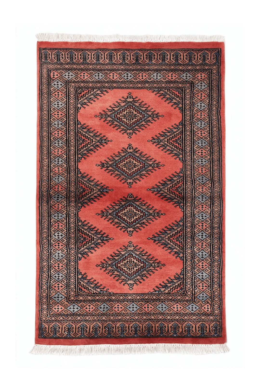 Coral Pakistani Jaldar Rug, gul design, hand-knotted, 79×126cm