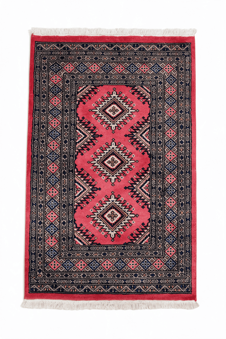 Coral Pakistani Jaldar Rug, gul design, hand-knotted, 80×121cm